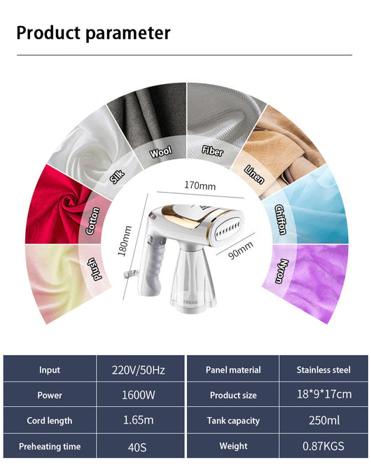 White and gold handheld folding steam iron with clear cistern, long bristle brush, fluff brush, and measuring cup. - Image 14