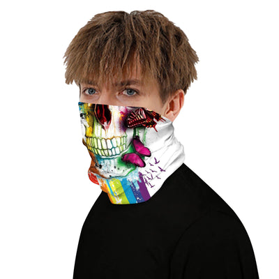 Black and white neck gaiter featuring a detailed skull and spine print, suitable for outdoor sports. - Image 39
