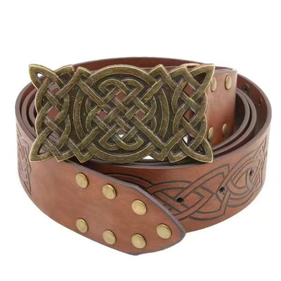 Cinturón Estilo Vikingo con Hebilla Grabada y Remaches