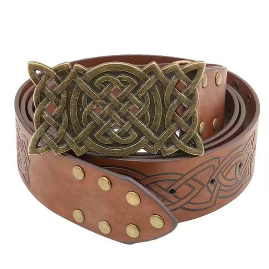 Cinturón Estilo Vikingo con Hebilla Grabada y Remaches