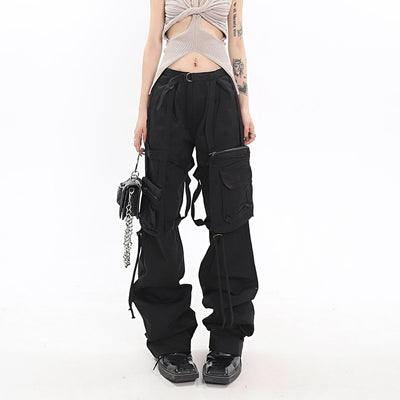 Pantalones Casuales de Cintura Alta con Bolsillos Funcionales y Pierna Ancha