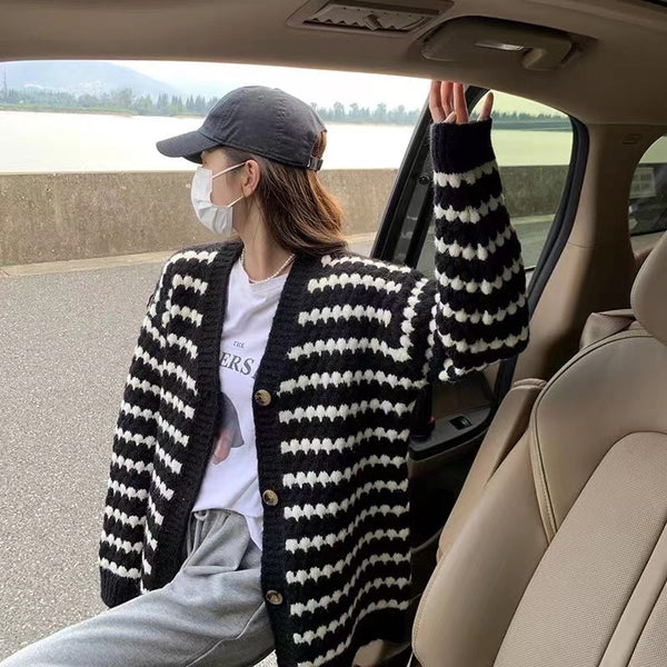 Cardigan Tejido a Rayas Mujer - Suéter Retro Holgado Multiuso