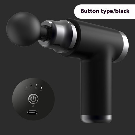 Black mini massage gun with a spherical head attachment and an LCD screen showing "32" with power and intensity buttons.