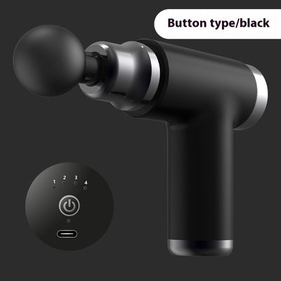 Black mini massage gun with a spherical head attachment and an LCD screen showing "32" with power and intensity buttons.