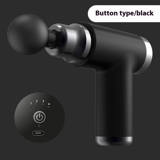 Black mini massage gun with a spherical head attachment and an LCD screen showing "32" with power and intensity buttons.