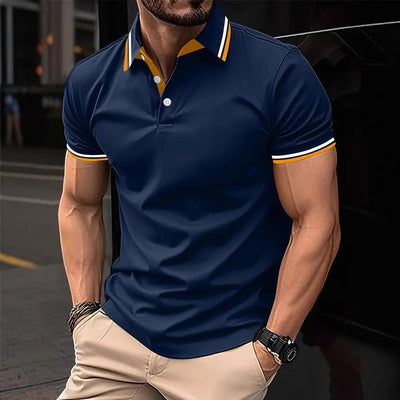 Playera Slim Fit con Cuello Solapa, Rayas Ribeteadas y Costuras Contrastantes