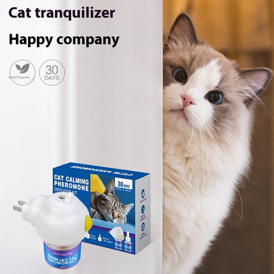 Cat Calming Pheromone Diffuser Kit with a white plug-in diffuser and a green refill bottle, next to its green and white box.
