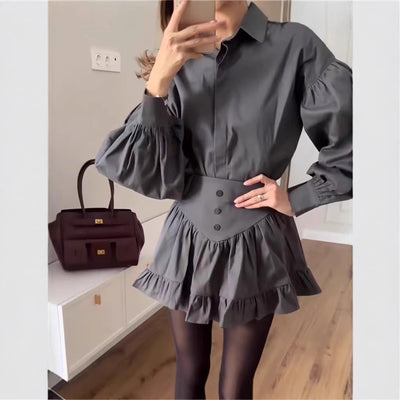 Conjunto Ejecutivo Falda Tableada con Blusa de Mangas Voluminosas - Image 2