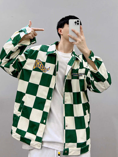 Saco a Cuadros Retro con Contraste de Color Verde para Hombre - Image 7