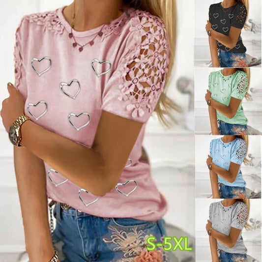 Blusa Suelta de Encaje Manga Corta Talla Grande con Estampado de Corazones