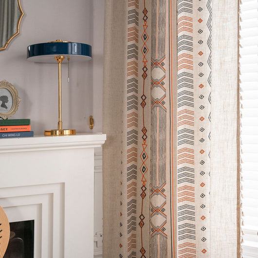 Boho cream cotton and linen curtain with tribal print in black and orange, featuring black fringe tassels. - Image 19