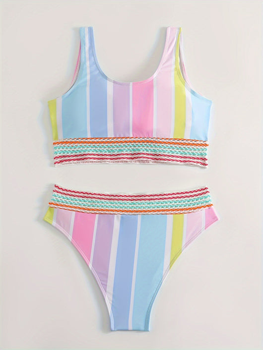Women's pastel rainbow striped bikini with a sports top and high-waisted bottom, featuring decorative trim. - Image 12