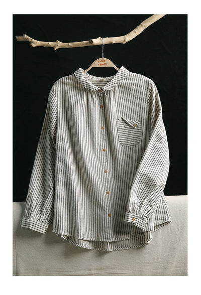 Blusa Retro de Lino y Algodón a Rayas con Diseño Artístico - Image 22