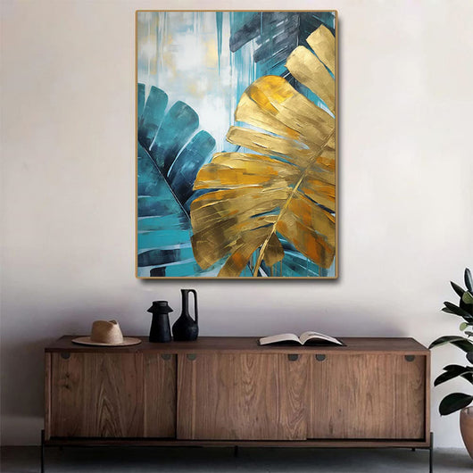 Cuadro Óleo Artesanal Hojas de Plátano Verde y Dorado - Arte de Pared sin Marco - Image 2