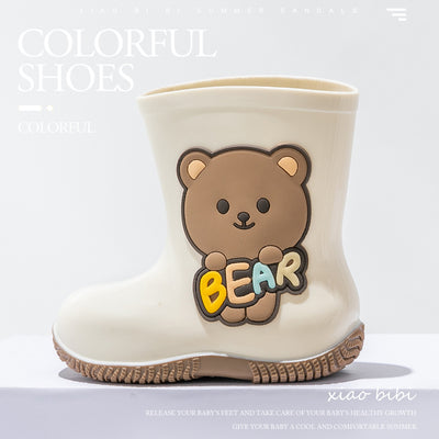 White children's rain boots with a brown cartoon bear holding colorful 'BEAR' lettering and a white fleece lining. - Image 4