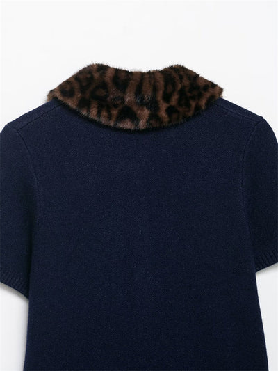 Blusa Tejida Estampado Animal Cuello Especial Manga Corta Moda Europea - Image 12