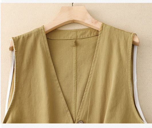 Chaleco Retro Coreano Mujer en Algodón y Lino - Image 15