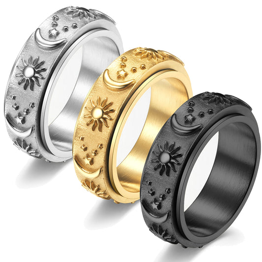Anillo Giratorio de Acero Titanio con Estrellas, Sol y Luna