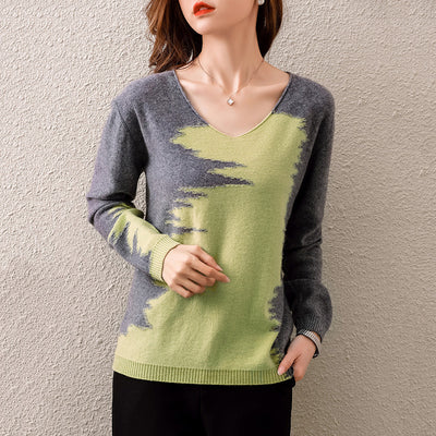 Suéter Suelto Cuello V Bloques de Color para Mujer
