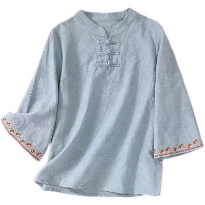 Blusa Artesanal de Algodón y Lino con Mangas Acampanadas y Bordado Jacquard - Image 5
