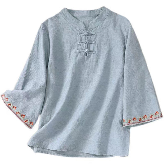 Blusa Artesanal de Algodón y Lino con Mangas Acampanadas y Bordado Jacquard - Image 5