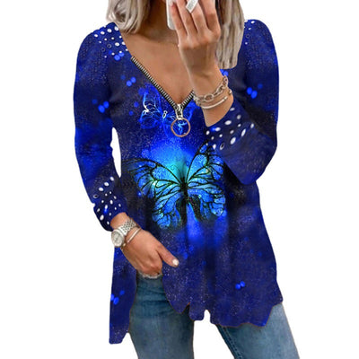 Blusa Pullover Mujer Cuello V con Cremallera y Estampado Perla - Image 3