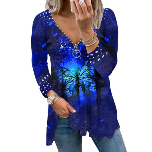 Blusa Pullover Mujer Cuello V con Cremallera y Estampado Perla - Image 3
