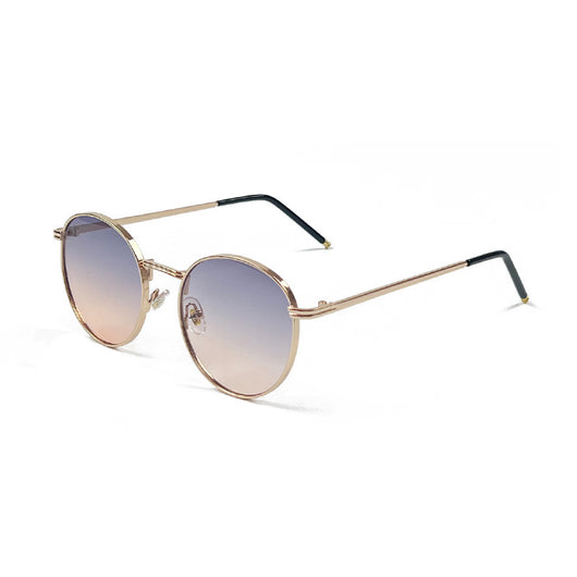 Round red lens sunglasses with a gold metal frame and black temple tips on a white background. - Image 10