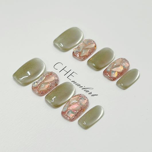 Calcomanías de Uñas Ojo de Gato Verde Armadura Hecha a Mano - Image 3