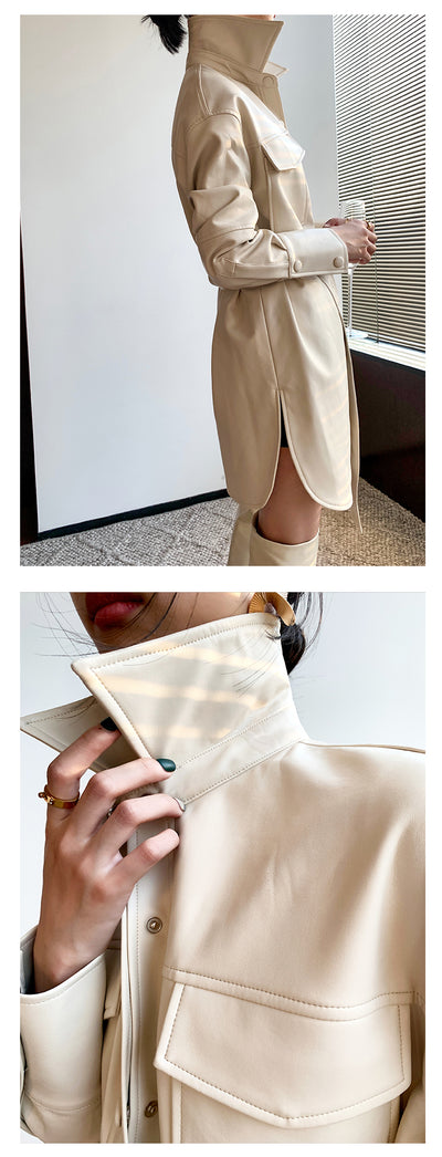 Abrigo de Cuero Blanco Retro con Blusa Entallada Midi para Mujer - Image 12