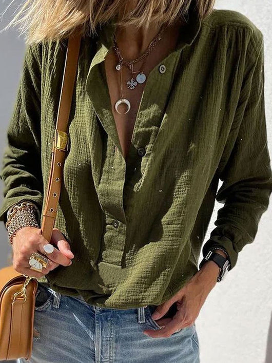 Camisa Suelta Retro de Algodón y Lino con Botones y Manga Larga - Image 8