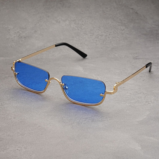 Gold frame semi-rimless sunglasses with brown rectangular lenses and black temple tips on a white background. - Image 14