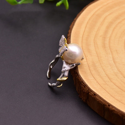 Anillo de Plata 925 con Perla de Agua Dulce Natural y Diseño Vintage Mariposa - Image 3