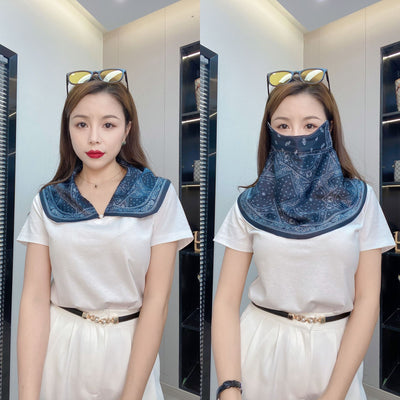 Female cream and black floral polka dot sun protection mask with ear loops, designed for eye corner protection. - Image 13