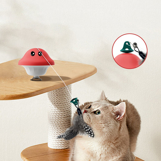 Red and white mushroom-shaped cat toy with cartoon eyes, a green loop, and a suction cup base, showing dimensions. - Image 3