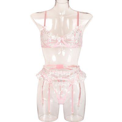 Conjunto de Lencería Erótica de 3 Piezas con Bordado Floral y Aros de Acero - Image 3