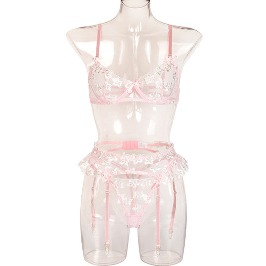 Conjunto de Lencería Erótica de 3 Piezas con Bordado Floral y Aros de Acero - Image 3