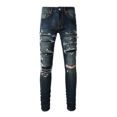 Jeans Azules Rotos con Parches de Cuero para Hombre - Estilo Street - Image 8