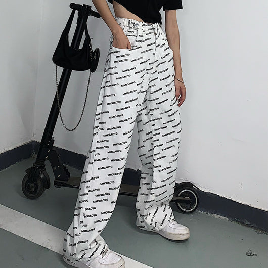 Pantalón Ancho Vintage de Talle Alto con Estampado de Letras - Image 9