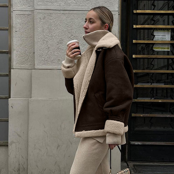 Chaqueta Vintage de Gamuza Suelta y Lana de Cordero Cálida