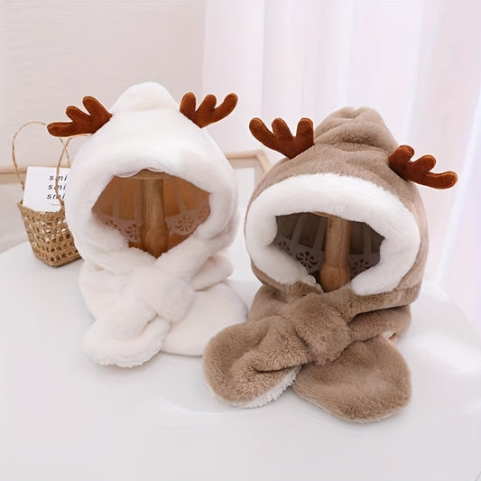 Gorro Infantil Cálido con Orejas de Conejo y Astas de Venado - Conjunto con Bufanda Polar para Niñas