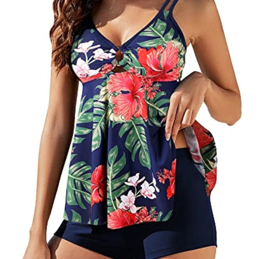 Women's plus size two-piece swimsuit with a red floral print tankini top and black boxer swim shorts. - Image 2