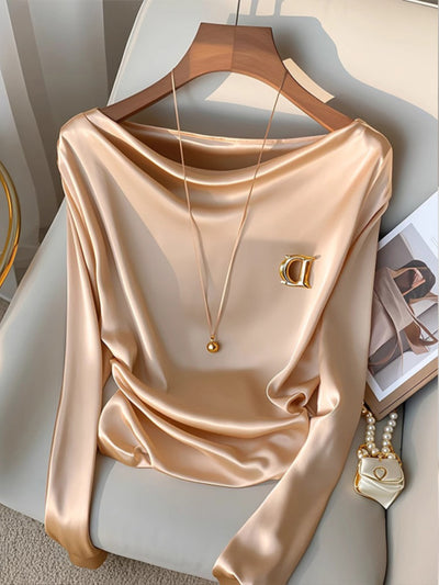 Blusa de Satén Champagne con Cuello Solapa - Prenda Interior Elegante de Manga Larga - Image 2