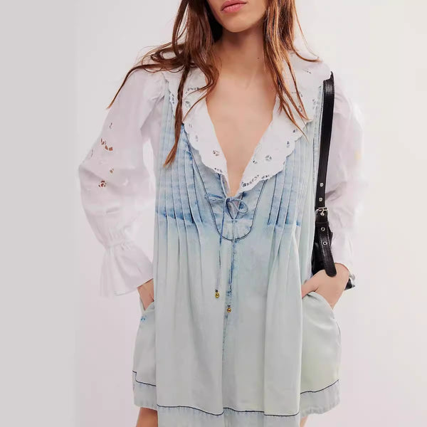 Mono Corto Denim Sin Mangas Cuello en V con Bolsillos - Estilo Playero Verano