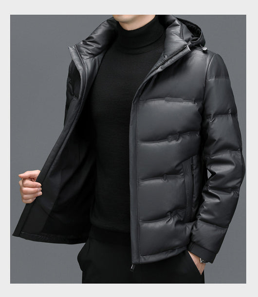 Abrigo de Cuero con Plumón de Pato Blanco para Hombre - Cálido y Elegante - Image 9