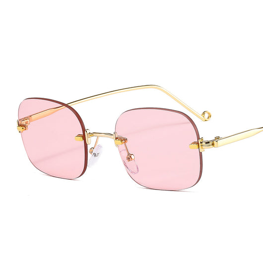 Frameless square sunglasses featuring vibrant blue lenses and sleek gold-colored metal temples and bridge. - Image 17