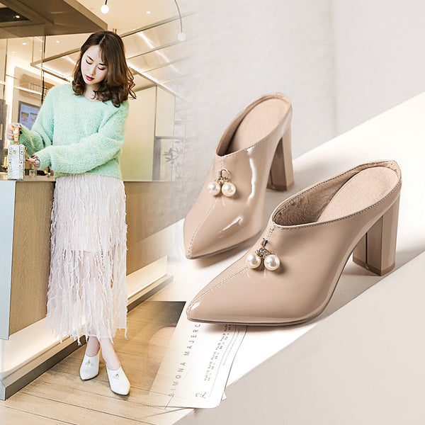 Sandalias Slip-on con Punta Perla y Tacón Cuadrado para Mujer