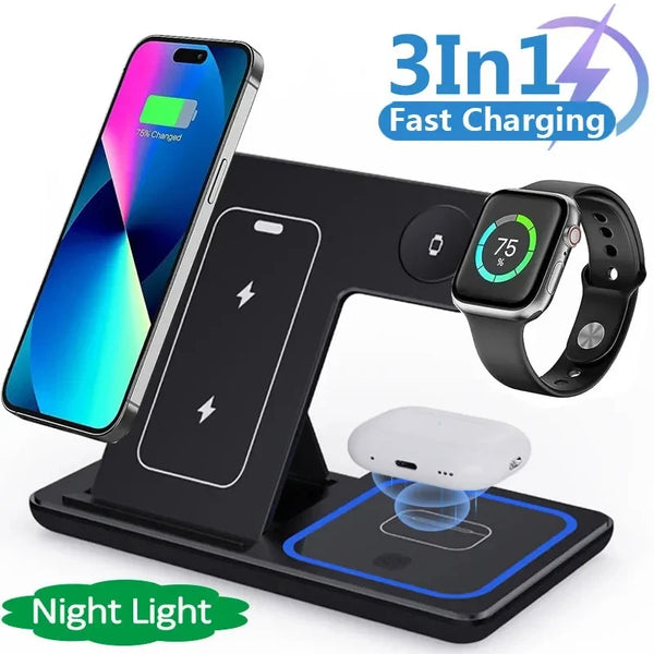 Cargador Inalámbrico 3 en 1 de 15W Plegable para iPhone, Apple Watch y AirPods