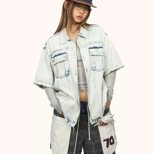 Camisa Denim Retro Desteñida con Mangas Cortas y Bordes Deshilachados - Image 8