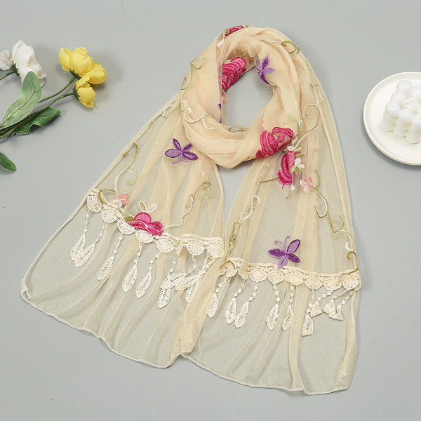 Pañuelo Floral Doble Capa con Bordado y Flecos para Mujer